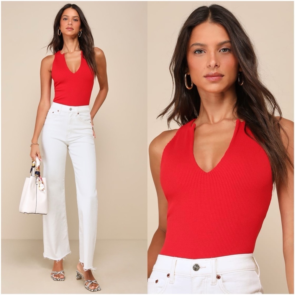 LULU'S Trendy Endeavor Red Ribbed Notched Tank Top
